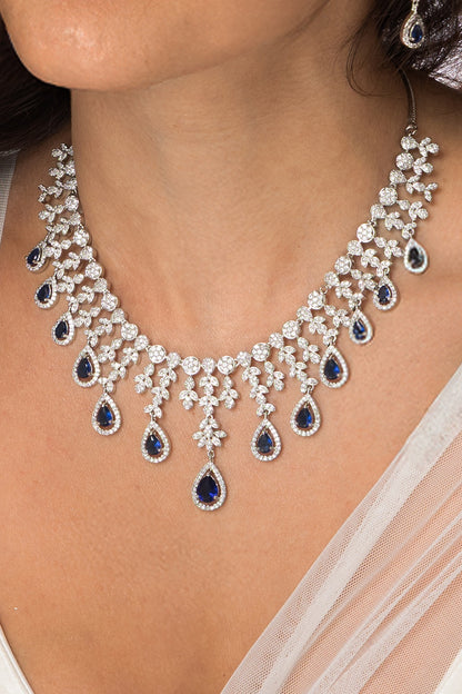 White Finish Stone & Deep Blue Drop Necklace Set