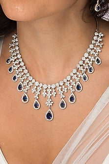 White Finish Stone & Deep Blue Drop Necklace Set