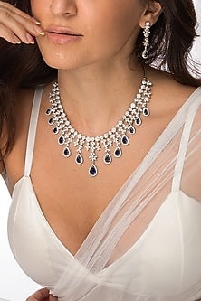White Finish Stone & Deep Blue Drop Necklace Set
