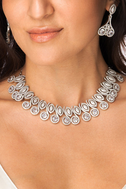 White Finish Marquise & Clear Stone Necklace Set