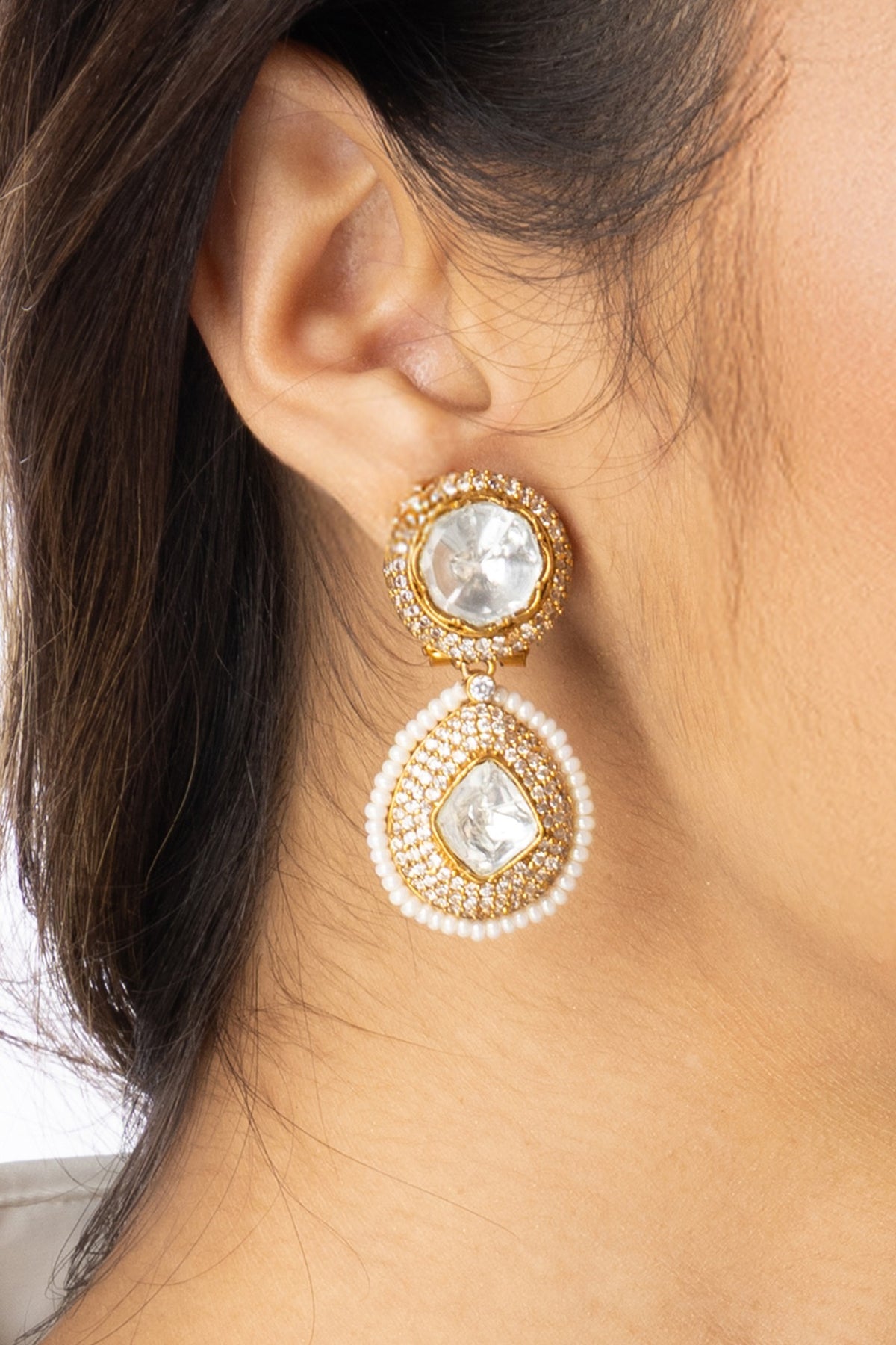 Gold Finish Uncut Stone Dangler Earrings