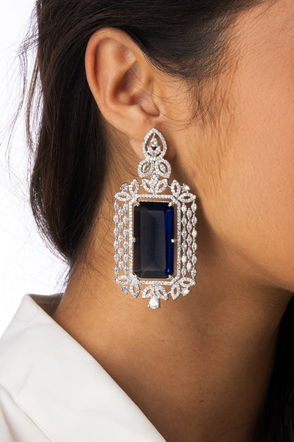 White Finish Blue Stone Dangler Earrings