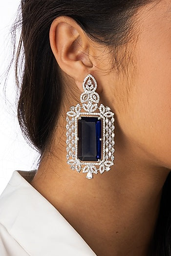 White Finish Blue Stone Dangler Earrings