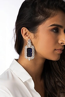 White Finish Blue Stone Dangler Earrings