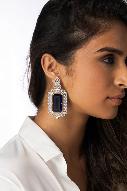 White Finish Blue Stone Dangler Earrings