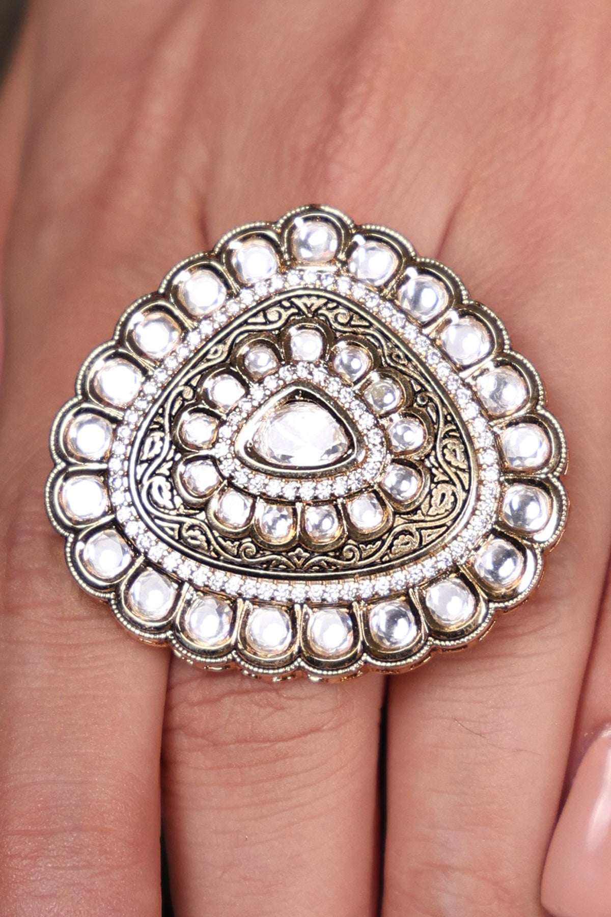 Gold Finish Kundan Polki Ring