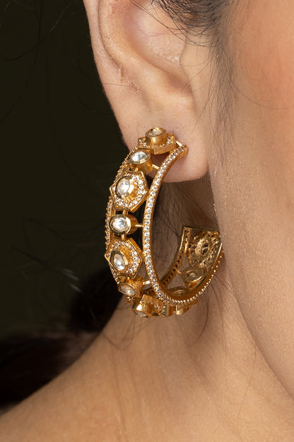 Gold Finish Stone Embellished Hoop Earrings