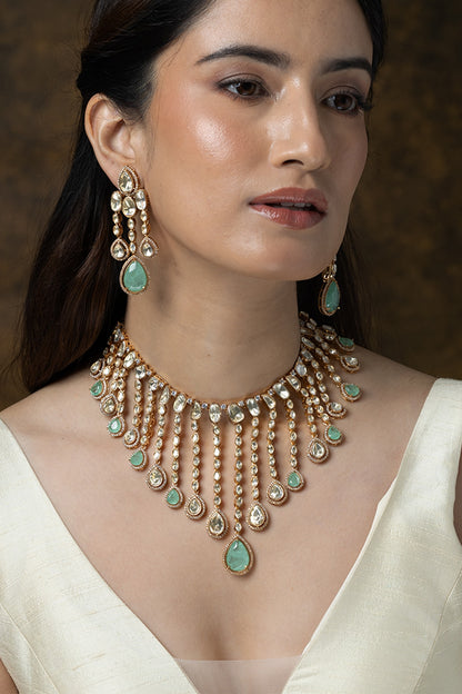 Gold Finish Green Stone Necklace Set
