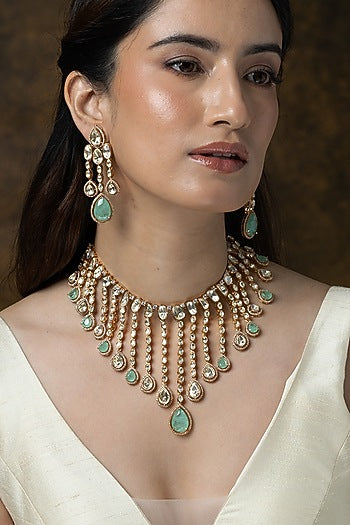 Gold Finish Green Stone Necklace Set