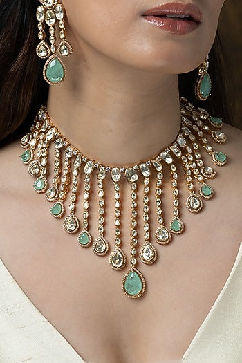 Gold Finish Green Stone Necklace Set