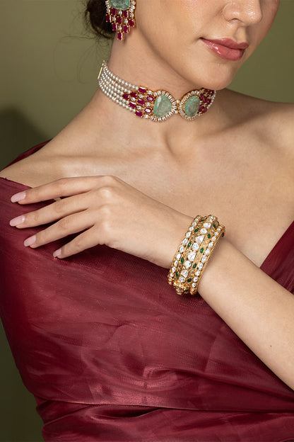 Gold Finish Green Stone Bangle