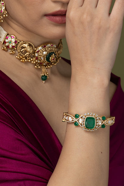 Gold Finish Emerald Green Stone Bangle