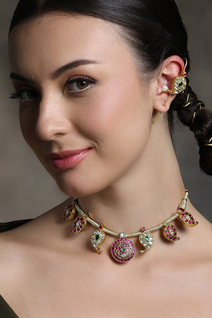 Gold Finish Ruby & Emerald Green Stone Necklace Set