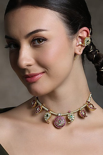 Gold Finish Ruby & Emerald Green Stone Necklace Set