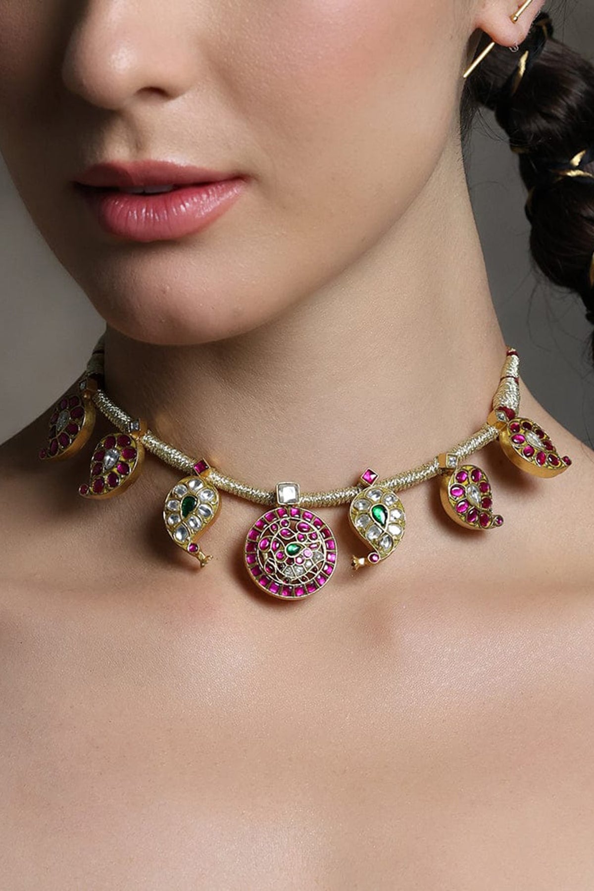 Gold Finish Ruby & Emerald Green Stone Necklace Set