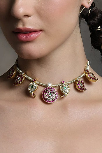 Gold Finish Ruby & Emerald Green Stone Necklace Set