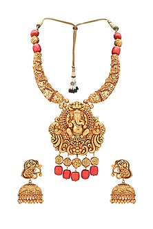 Gold Plated Coral Pendant Necklace Set