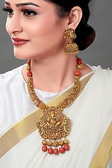 Gold Plated Coral Pendant Necklace Set