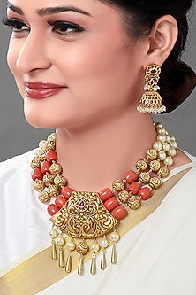 Gold Plated Coral Temple Pendant Necklace Set