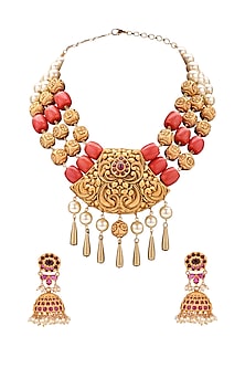 Gold Plated Coral Temple Pendant Necklace Set