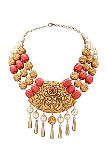 Gold Plated Coral Temple Pendant Necklace Set
