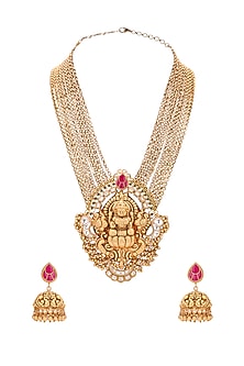 Gold Plated Polki Temple Pendant Necklace Set