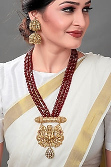 Gold Plated Beaded Temple Pendant Necklace Set