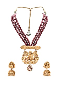 Gold Plated Beaded Temple Pendant Necklace Set