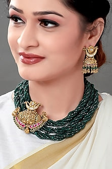 Gold Plated Green Beaded Temple Pendant Necklace Set