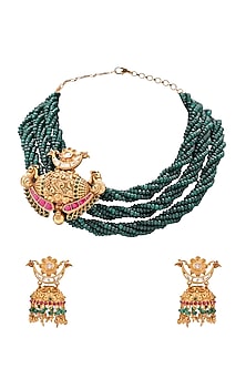 Gold Plated Green Beaded Temple Pendant Necklace Set