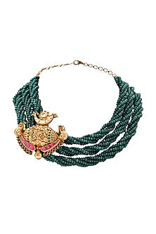 Gold Plated Green Beaded Temple Pendant Necklace Set