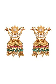 Gold Plated Green Beaded Temple Pendant Necklace Set