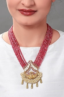 Gold Plated Pink Temple Pendant Necklace