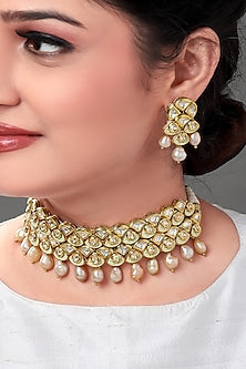Gold Plated Polki & Pearl Necklace Set