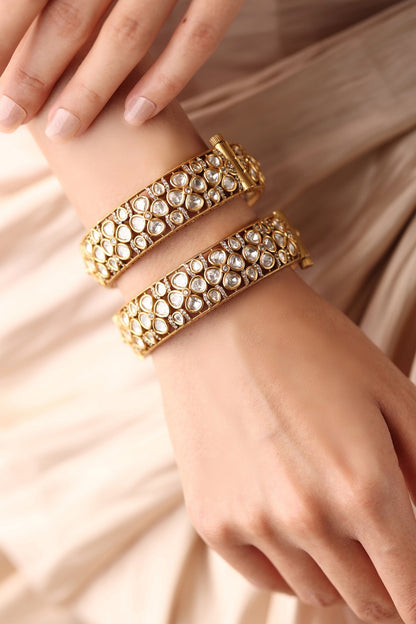 Gold Finish Kundan Polki Bangles (Set Of 2)