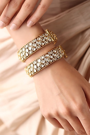 Gold Finish Kundan Polki Bangles (Set Of 2)