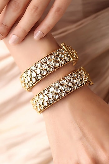 Gold Finish Kundan Polki Bangles (Set Of 2)