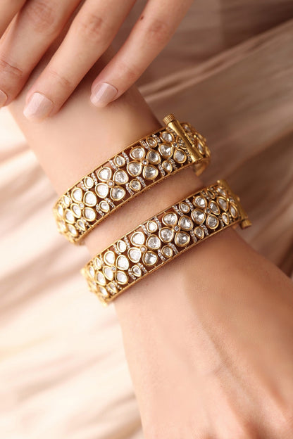 Gold Finish Kundan Polki Bangles (Set Of 2)