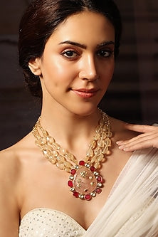 Gold Finish Pink Stone Cascade Necklace