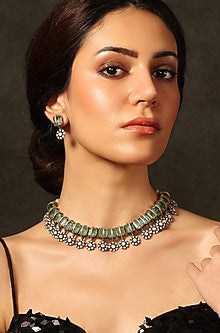 Gold Finish Green Stone Necklace Set