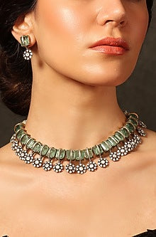 Gold Finish Green Stone Necklace Set