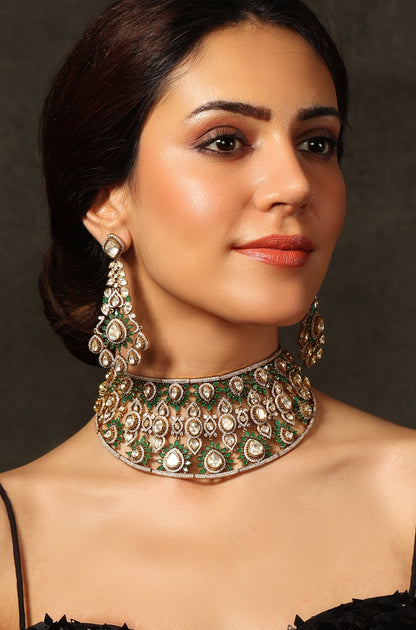 Gold Finish Green Stone Necklace Set