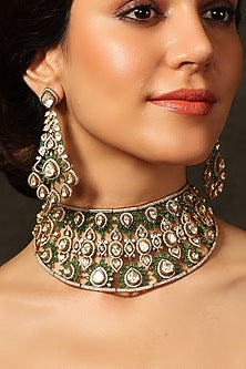Gold Finish Green Stone Necklace Set