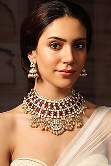 Gold Finish Red Stone Necklace Set