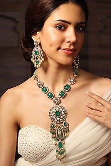 Gold Finish Green Stone Necklace Set
