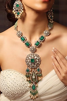 Gold Finish Green Stone Necklace Set
