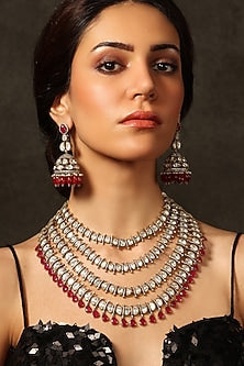 Gold Finish Ruby Stone & Filigree Motif Necklace Set