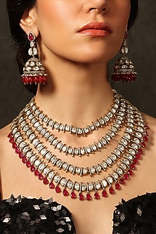 Gold Finish Ruby Stone & Filigree Motif Necklace Set