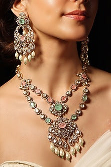 Gold Finish Multi-Colored Stone Necklace Set