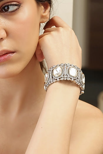 Gold Finish Silver Stone & Kundan Polki Bangle